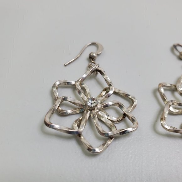 Floral Earrings Silver Tone Twist Rhinestone Dangl - Picture 3 of 11